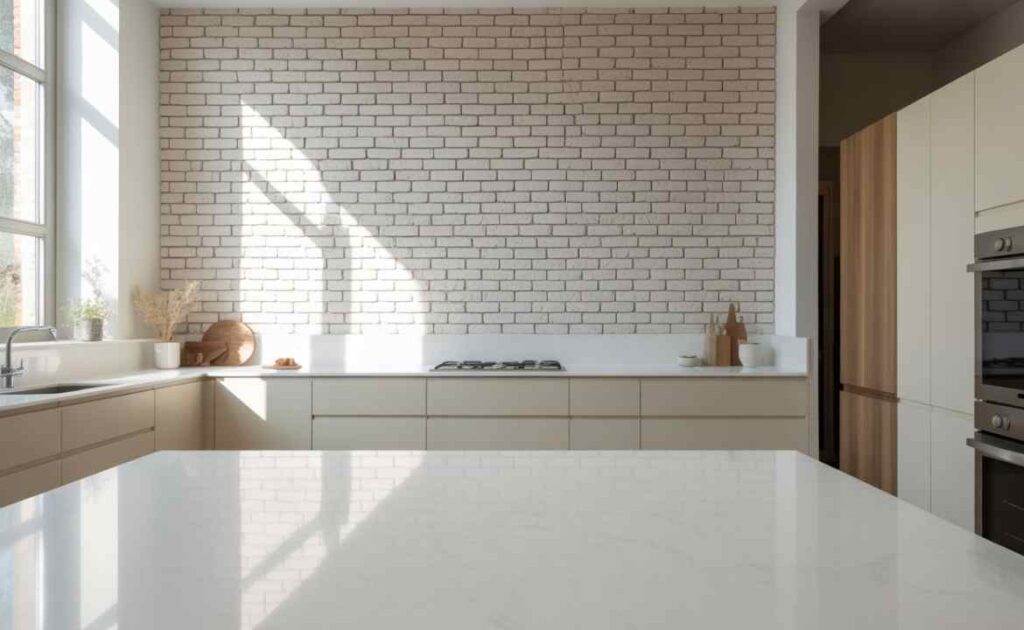 Quartz Countertop: The Perfect Match for Whitewashed Brick